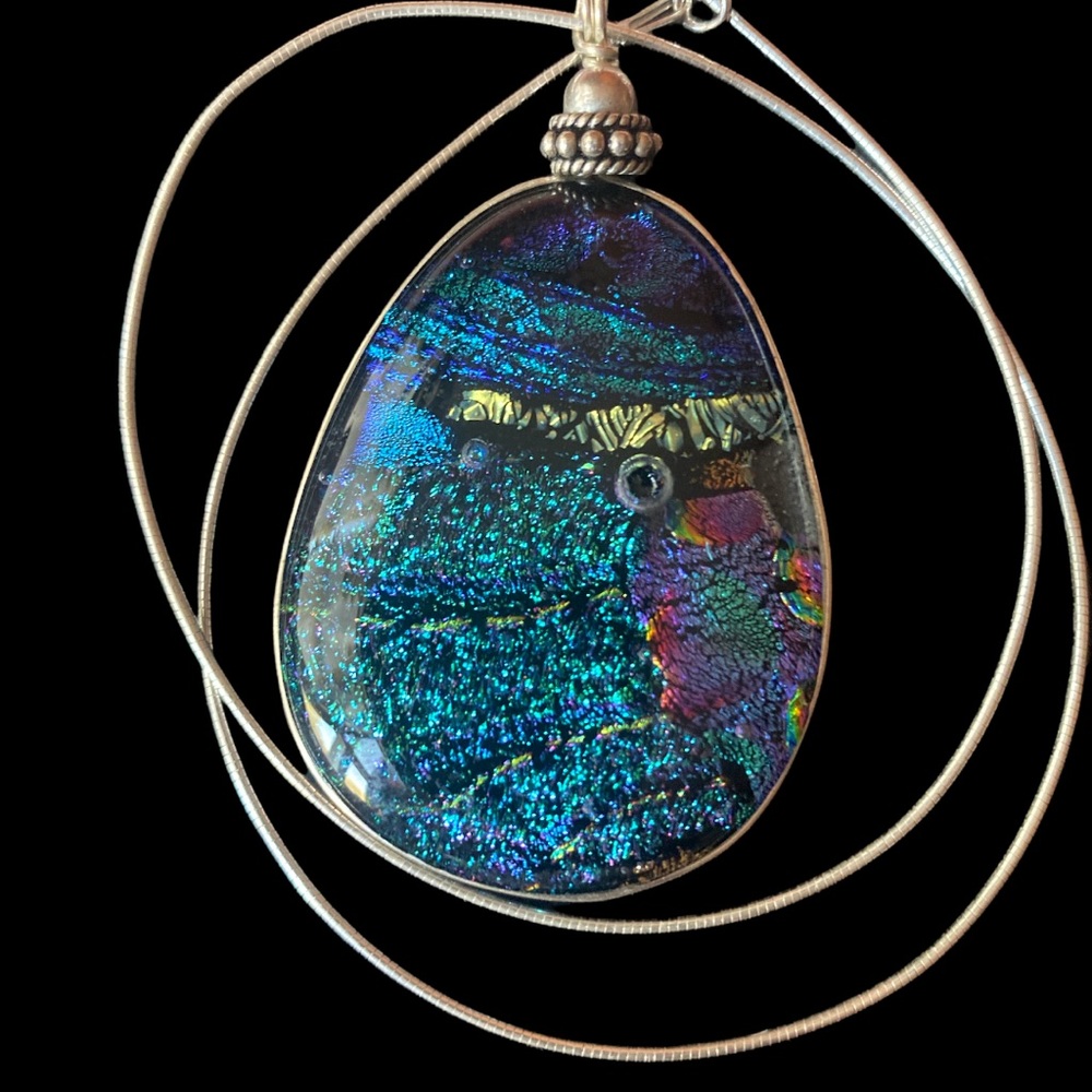 Iridescent Dichroic Glass Teardrop Pendant, 2 1/2”x 1 1/4”